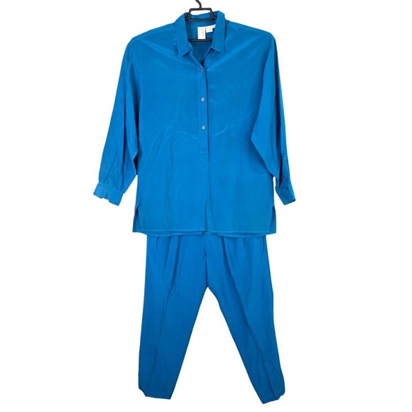 Womens 2 Piece C.W. Blue 100% Silk Button Up Shirt & Elastic Waist Pants Set M - Picture 1 of 14